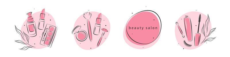 Beauty-Salon-Logos gesetzt. Make-up-Tools, Kosmetikpinsel, Lippenstift, Rouge, Wimpernverlängerung, Augenbrauen. Vektor-Illustration vektor