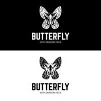 schmetterling mit drachengesicht auf seinen flügeln für einen einzigartigen, einfachen, flachen, abstrakten logo-design-charakter vektor