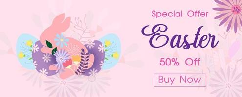 der osterhase mit eiern und verkaufswortlaut auf dekorationsblumen und rosa hintergrund. ostertag sonderangebot verkauf im banner- und vektordesign. vektor