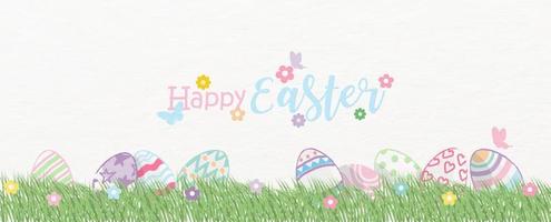 färgrik påsk ägg i gräs landa med färgrik blommor och Lycklig påsk lydelse på vit papper mönster bakgrund. påsk ägg jaga hälsning kort i krita stil och baner vektor design.