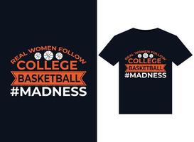 verklig kvinnor Följ högskola basketboll galenskap illustrationer för tryckfärdig t-tröjor design vektor