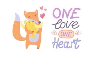 en par av söt djur i kärlek - en räv kramar en kyckling. text - ett kärlek ett hjärta. vykort Lycklig hjärtans dag. vektor illustration