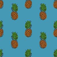 sömlös mönster med ananas på blå bakgrund. kontinuerlig ett linje teckning ananas. svart linje konst på blå bakgrund med färgrik fläckar. vegan begrepp vektor