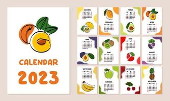 söt kalender med tecknad serie frukter. 2023 kalender med frukter. minimalistisk kalender för de år för skriva ut. svart linje konst med färgrik fläckar. vägg vertikal kalender. vektor