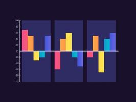 Infografik-Diagramm-Designvorlage für beide Richtungen für dunkles Thema. negative Werte. editierbares Infochart mit vertikalen Balkendiagrammen. visuelle Datenpräsentation vektor