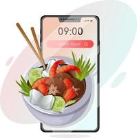 Poster für asiatische Speisen. japanisches gericht mit verschiedenen zutaten im smartphone vektor