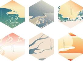 kinesisk mall med Vinka element vektor. solnedgång och flod bakgrund i orientalisk stil. geometrisk baner. asiatisk mönster med lutning tapet. vektor