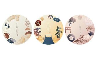 uppsättning av geometrisk modern grafisk element vektor. asiatisk ikoner med japansk mönster. abstrakt banderoller med Vinka, körsbär blomma, bonsai och fuji montera symbol. mall för logotyp design. vektor