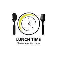Mittagszeit-Logo-Design-Vorlagenillustration. dort Teller, Zeit, Löffel, Gabel vektor