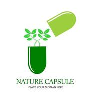 natur kapsel logotyp formgivningsmall illustration. där blad och kapsel. detta är bra för apotek, medicin, industri, fabrik, natur etc vektor