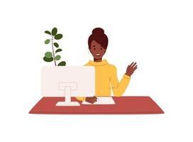 kvinna leende och hälsning via internet under uppkopplad video ringa upp. afrikansk amerikan anställd Sammanträde på kontor arbete skrivbord.virtuell kommunikation begrepp. vektor illustration isolerat på vit bakgrund