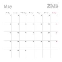 enkel vägg kalender för Maj 2023 med prickad rader. de kalender är i engelsk, vecka Start från måndag. vektor