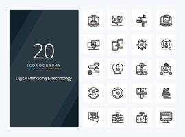20 digital marknadsföring och teknologi översikt ikon för presentation vektor