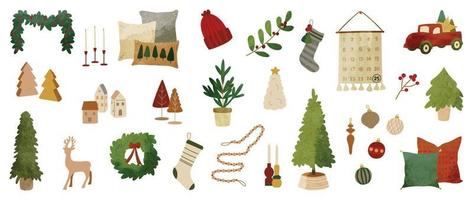 uppsättning av vattenfärg jul element vektor illustration. samling av jul krans, struntsak boll, strumpor, jul träd, ren, hatt. design för klistermärke, kort, affisch, inbjudan, hälsning.