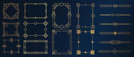 Sammlung geometrischer Art-Deco-Ornamente. luxuriöse goldene dekorative elemente mit verschiedenen linien, rahmen, überschriften, teilern und rändern. satz elegantes design geeignet für karte, einladung, poster. vektor