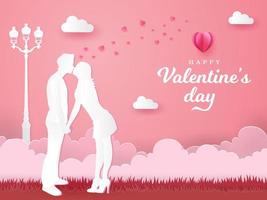 valentinstag grußkarte. romantisches paar, das hände auf rosa hintergrund küsst und hält vektor