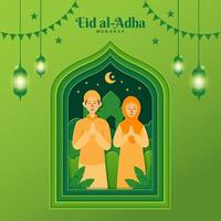 eid al-adha grußkartenkonzeptillustration im papierschnittstil mit karikaturmuslimischem paar, das eid al-adha segnet vektor