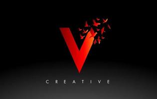 roter V-Logo-Buchstabe mit Vogelschwarm, der aus dem Brief fliegt und sich auflöst. vektor