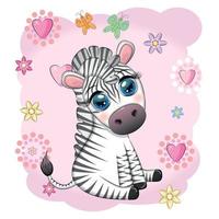 niedliches Cartoon-Zebra sitzt in Blumen. kindlicher gestreifter charakter, afrikanische tiere vektor