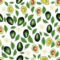 Avocado Musterdesign. ganze und geschnittene Avocado mit Blättern und Blüten. vektor