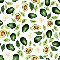 Avocado Musterdesign. ganze und geschnittene Avocado mit Blättern und Blüten. vektor