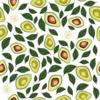 Avocado Musterdesign. ganze und geschnittene Avocado mit Blättern und Blüten. vektor