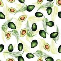 Avocado Musterdesign. ganze und geschnittene Avocado mit Blättern und Blüten. vektor