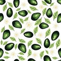 Avocado Musterdesign. ganze und geschnittene Avocado mit Blättern und Blüten. vektor