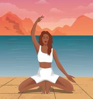 digital illustration av en yogi flicka håller på med yoga på semester på de ö under solnedgång vektor