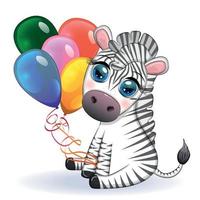 niedliches Cartoon-Zebra sitzt und hält Luftballons. gestreifter kindercharakter, urlaub vektor