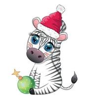 süßes zebra in weihnachtsmütze mit weihnachtskugel, candy kane, geschenk. zeichentrickfigur für wildtierferien. vektor