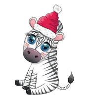 söt zebra i santa hatt med jul boll, godis kane, gåva. vilda djur och växter högtider tecknad serie karaktär. vektor