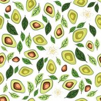 Avocado Musterdesign. ganze und geschnittene Avocado mit Blättern und Blüten. vektor