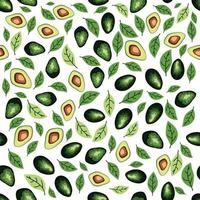 Avocado Musterdesign. ganze und geschnittene Avocado mit Blättern und Blüten. vektor