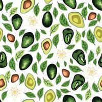 Avocado Musterdesign. ganze und geschnittene Avocado mit Blättern und Blüten. vektor