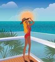 digitale Illustration eines Mädchens, das sich im Urlaub ausruht und für ein Foto in einem roten Badeanzug auf dem Balkon einer Villa mit Blick auf den Ozean oder das Meer posiert vektor