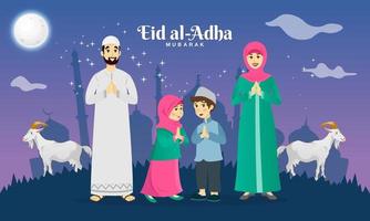 eid al Adha hälsning kort. tecknad serie muslim familj fira eid al Adha med get, stjärnor och moské som bakgrund. selamat hari raya idul Adha översätter till eid al Adha mubarak. vektor