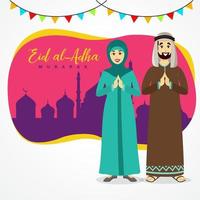 eid al adha grußkarte. arabisches paar der karikatur, das eid al adha mit moschee als hintergrund feiert vektor