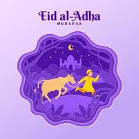 eid al-adha grußkartenkonzeptillustration im papierschnittstil mit muslimischem jungen bringen vieh zum opfern vektor