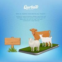 online qurban mobiles anwendungskonzept. illustration eines smartphones mit opfertier für eid al adha vektor