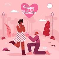 valentinstag grußkarte. Mann kniet und bietet seiner Freundin Verlobungsring an vektor