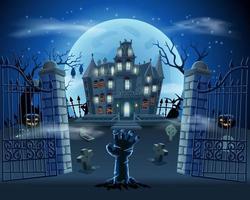 Lycklig halloween bakgrund med zombie hand från de jord på kyrkogård med besatt hus, pumpor och full måne vektor