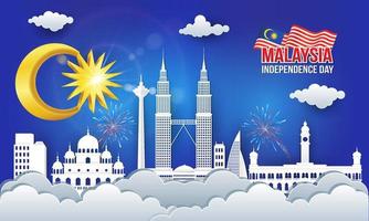 vektor illustration av malaysia oberoende dag firande med stad horisont