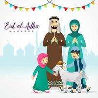 eid al adha grußkarte. arabische familie der karikatur, die eid al adha mit moschee als hintergrund feiert vektor