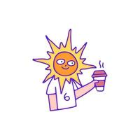Häftigt Sol karaktär dryck en kopp av kaffe, illustration för t-shirt, klistermärke, eller kläder handelsvaror. med klotter, retro. vektor