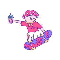 Hype-Amanita-Pilzcharakter mit Getränken und Freestyle mit Skateboard, Illustration für T-Shirt, Aufkleber oder Bekleidungswaren. mit moderner Pop-Art. vektor