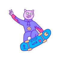 Cooler Hype-Schwein-Charakter-Freestyle mit Skateboard, Illustration für T-Shirt, Aufkleber oder Bekleidungswaren. mit moderner Pop-Art. vektor