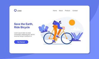 friska livsstil landning sida mall. affärsman rida på cykel till arbete.lämplig för webb, baner, affisch och landning sida. vektor