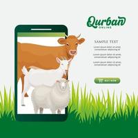 uppkopplad Qurbån mobil Ansökan begrepp. illustration av en smart telefon med offer- djur- för eid al Adha vektor