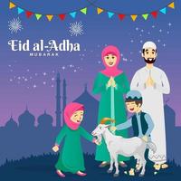 eid al Adha hälsning kort. tecknad serie muslim familj fira eid al Adha med stjärnor och moské som bakgrund vektor